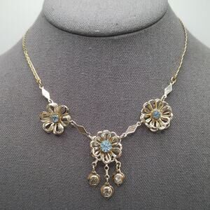Mid-Century Floral Necklace, Light Blue Rhinestones, Gold Plated, 1950s Vintage